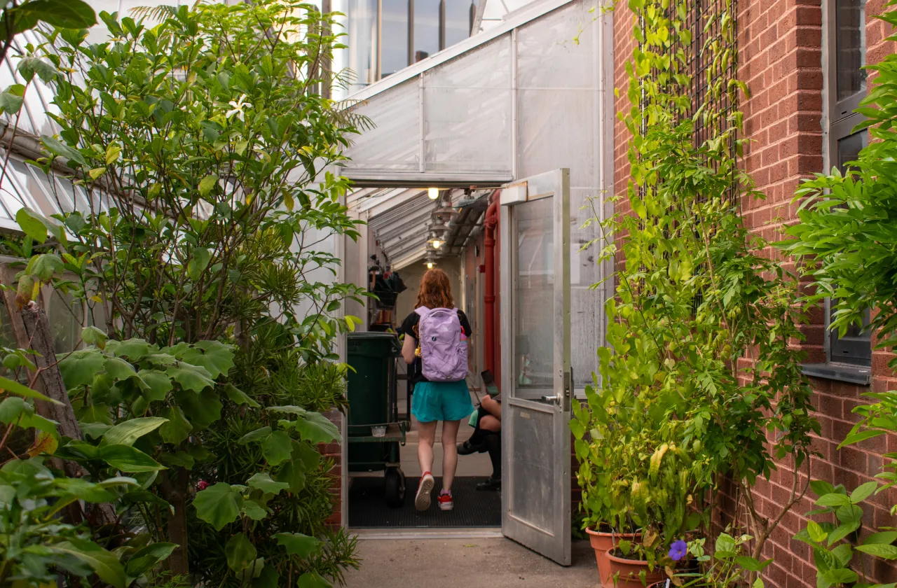 student with purple backpack and green shorts walking through the open back door of the botanic garden