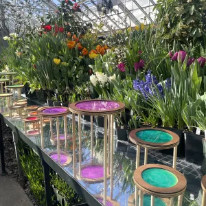 wooden structures with painted colors on them in front of a backdrop of bulb flowers in bloom.