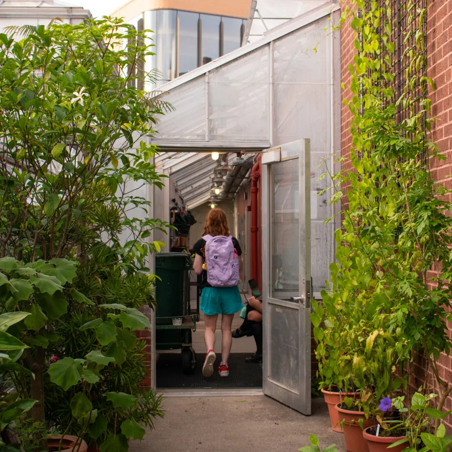 student with purple backpack and green shorts walking through the open back door of the botanic garden